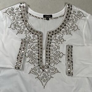 Saachi White Embroidered Tunic Top Sz XL Mirror Embellishments Lightweight READ